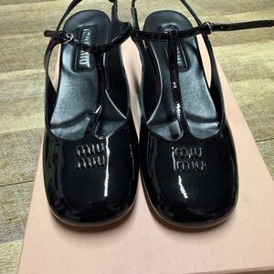 Miu Miu Black Patent T-Strap Mules